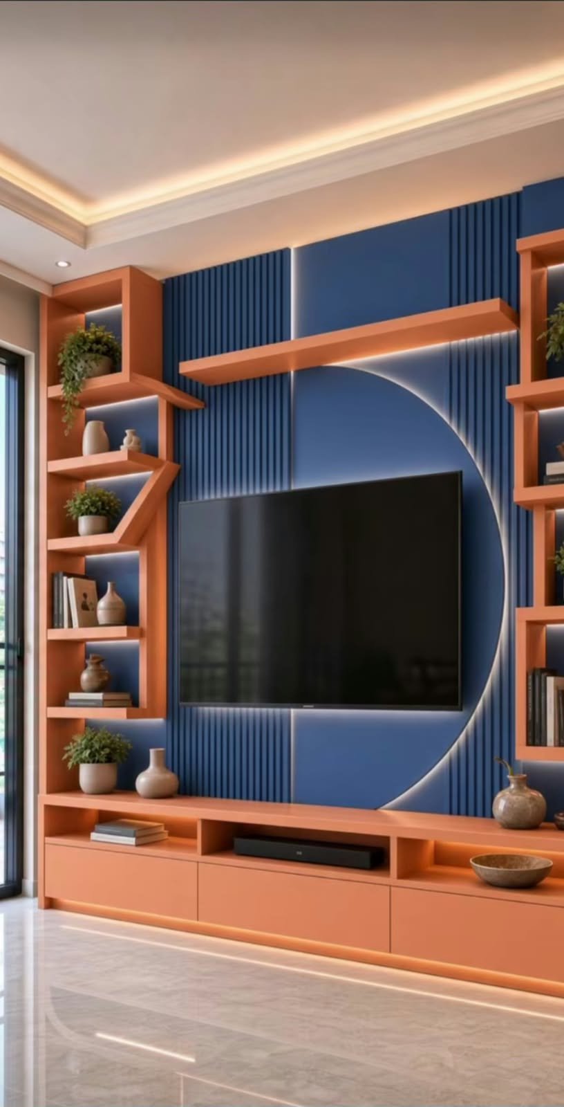 TV unit with lit display niches